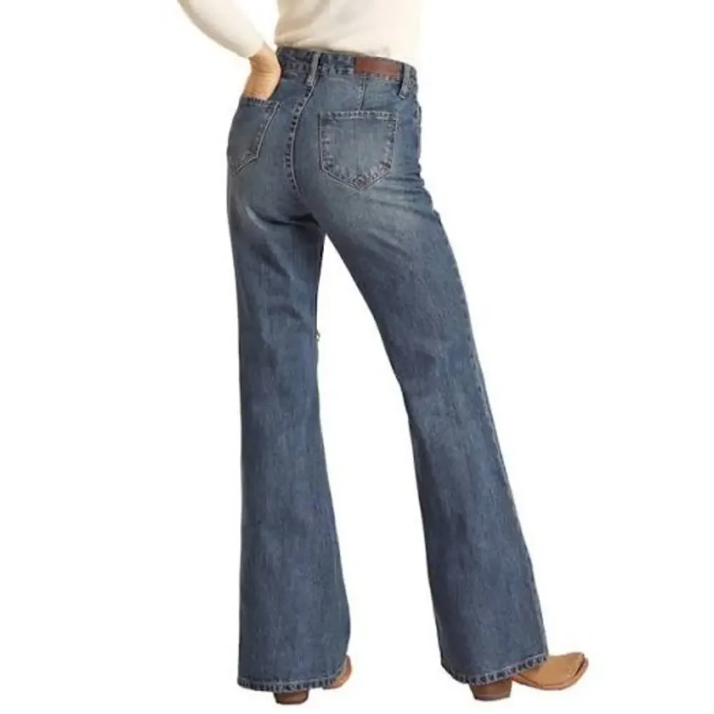 Rock & Roll Cowgirl High Rise Palazzo Flare‎ Jeans Dark Wash Slit Hem - Size 27